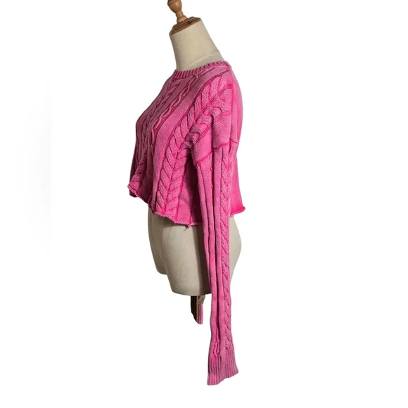 Altar'd State Anthropologie Washed Red Pink Cable Knit Crop Sweater - Picture 5 of 7